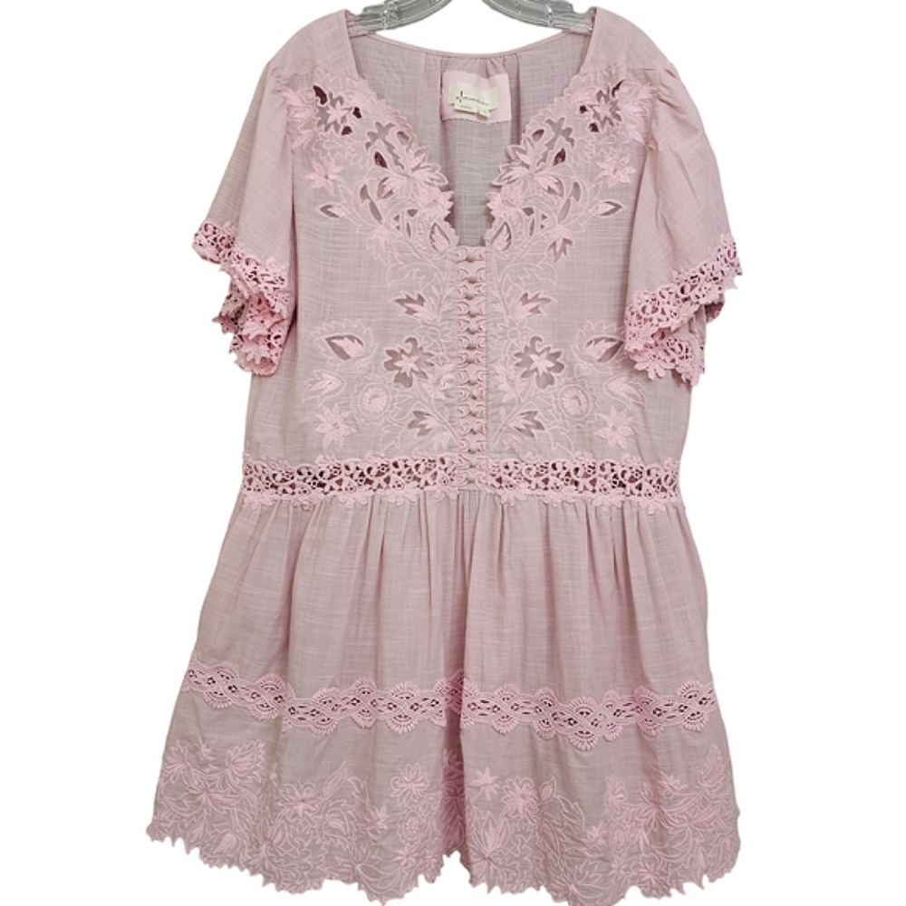 Anthropologie Nwot Lilac Pink Embroidered Lace  Shortsleeve Button up Mi…